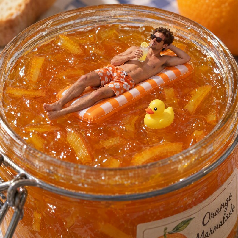 Miniature man lounging on a pool float inside a glass jar of chunky orange marmalade beside a rub...