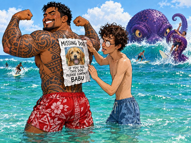 Humorous beach scene where two men ignore a giant purple octopus to tape a missing dog poster to ...