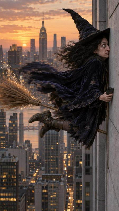 Startled witch stuck to a skyscraper wall while riding a sparking broom over New York City at sunset
