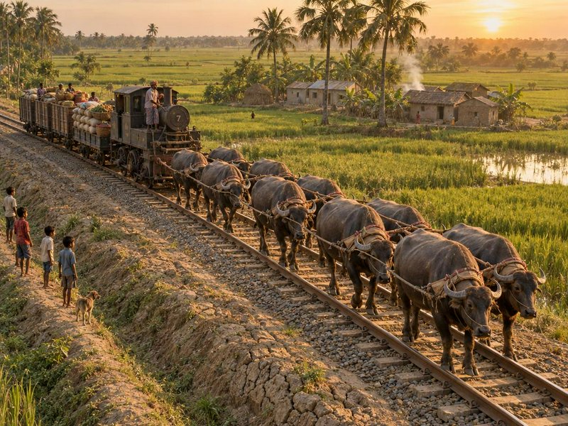 Vintage steam train pulled by water buffalo travels through tropical rice fields at golden sunset