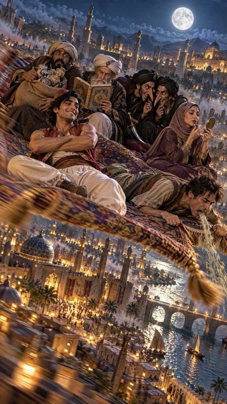 Overloaded flying carpet carries a chaotic group of passengers high above a glowing Arabian city ...
