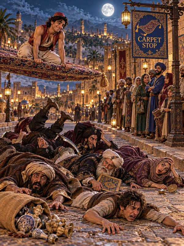 Grinning man rides a flying carpet above stunned fallen townspeople on a moonlit Arabian market s...