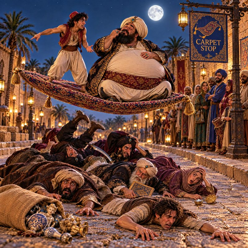 Overloaded magic flying carpet carries two men above fallen townspeople on a moonlit Arabian mark...