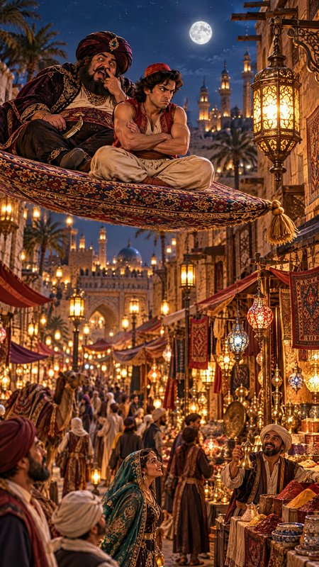 Aladdin and a sultan sit on a flying carpet floating over a moonlit Arabian night market