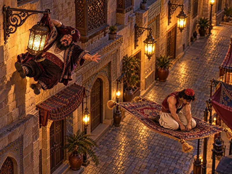 Man sits dejectedly on a flying magic carpet as another man hangs panicked from a city wall lantern