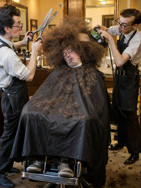 Man with wildly voluminous curly hair receives a chaotic simultaneous haircut from two barbers in...