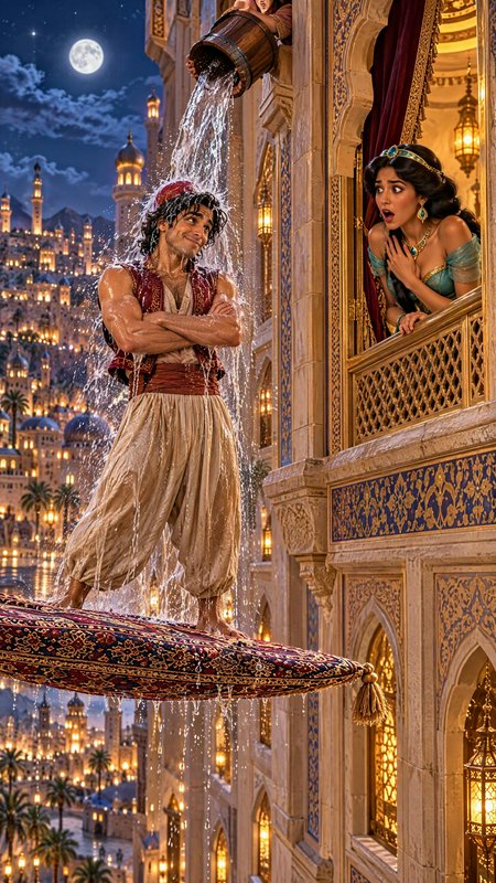 Aladdin stands on a magic flying carpet as water is dumped on him, a shocked Princess Jasmine wat...