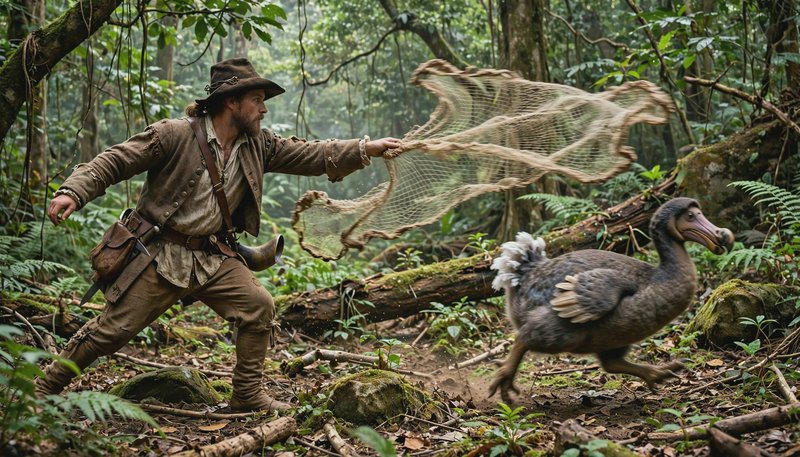 17th century explorer throws a net to catch a fleeing dodo bird in a dense jungle