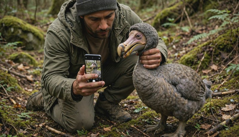 Wildlife researcher takes a smartphone photo of a living dodo bird in a mossy forest