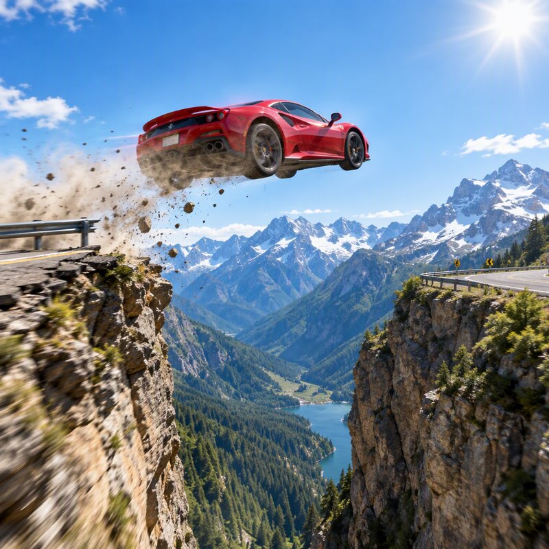 Bright red sports car airborne mid-jump off a cliff edge above a snow-capped alpine valley