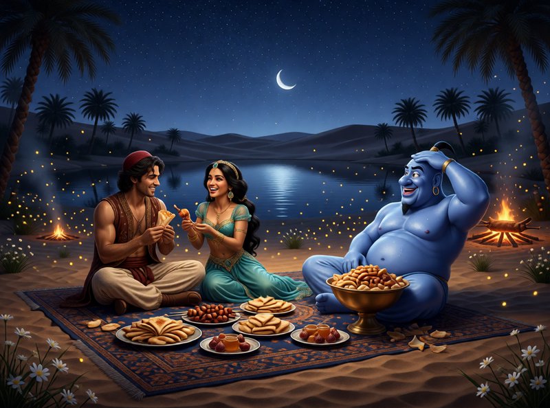 Aladdin, Princess Jasmine, and the blue Genie share a feast picnic at a desert oasis under a star...