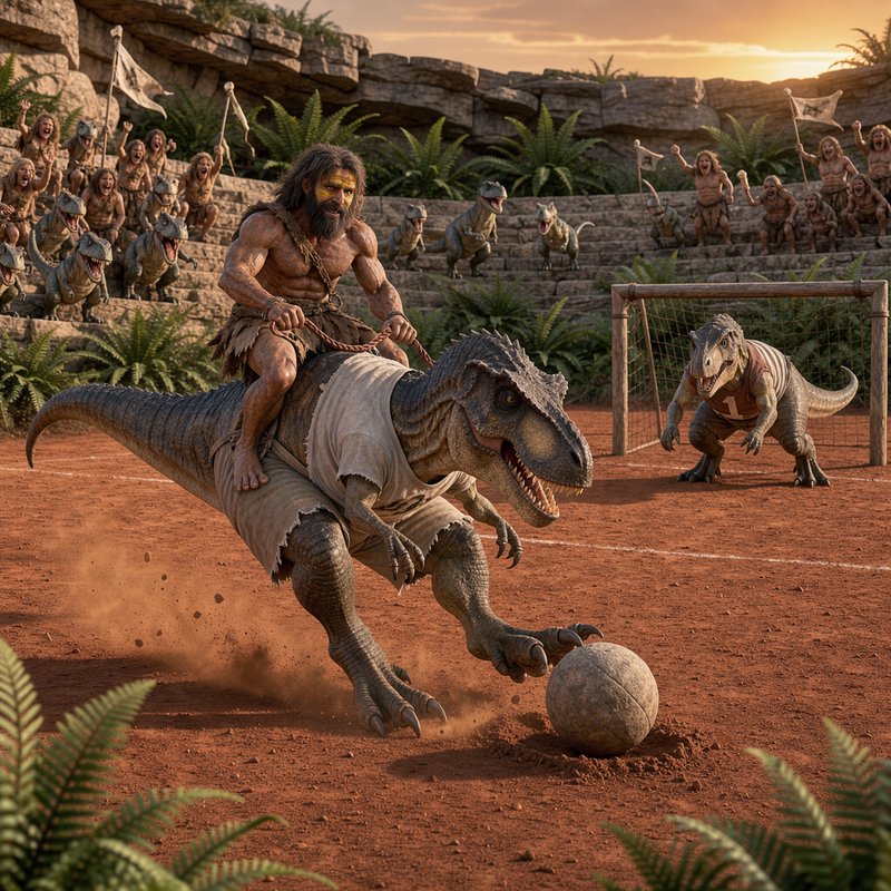 Muscular caveman rides a jersey-wearing dinosaur dribbling a stone soccer ball on a prehistoric d...