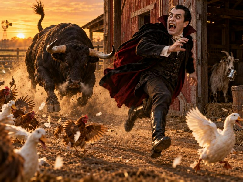 Count Dracula runs in panic from a charging bull in a chaotic rural farm barnyard at sunset