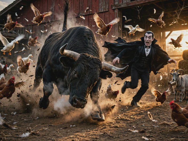 Frightened Count Dracula runs from a charging black bull in a chaotic sunset farm barnyard