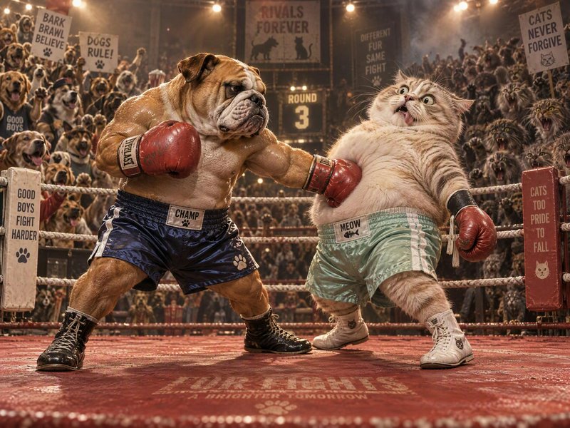 Muscular anthropomorphic bulldog punches a chubby tabby cat during a packed animal boxing match i...
