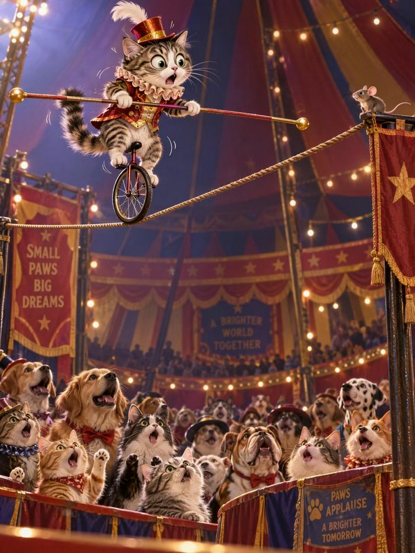 Tabby cat circus acrobat balances on a tightrope unicycle as a crowd of cats and dogs watches from the stands