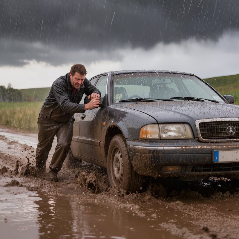 Man straining to push a mud-caked sedan stuck in deep rural road mud during heavy rain