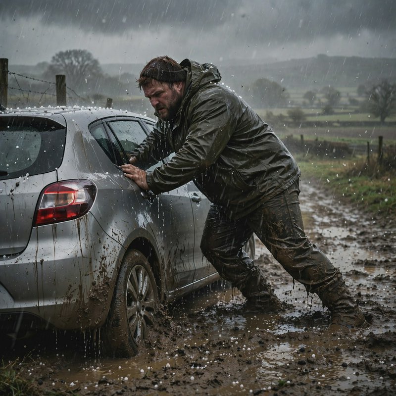 Man in muddy rain gear pushing a stuck silver hatchback on a rural road during a rainy hail storm