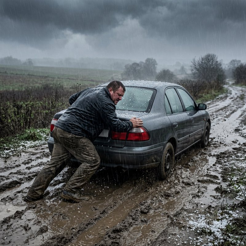 Man pushing a stuck grey sedan bogged in deep mud on a rural dirt road during heavy rain
