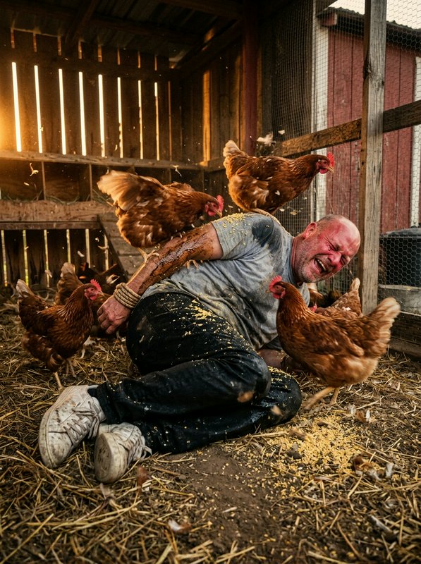 Overwhelmed farmer covered in feed is swarmed by brown hens inside a sunlit wooden chicken coop