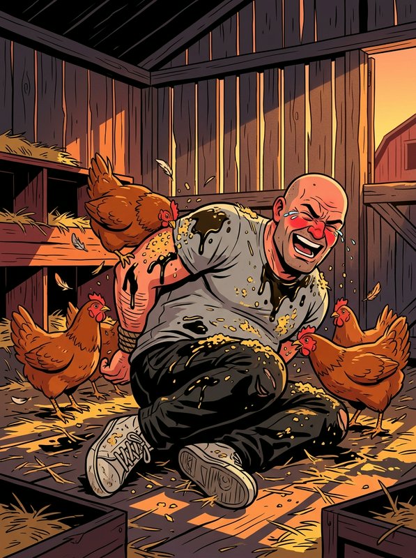 Crying tied-up man covered in muck is surrounded by chickens inside a wooden farm barn coop