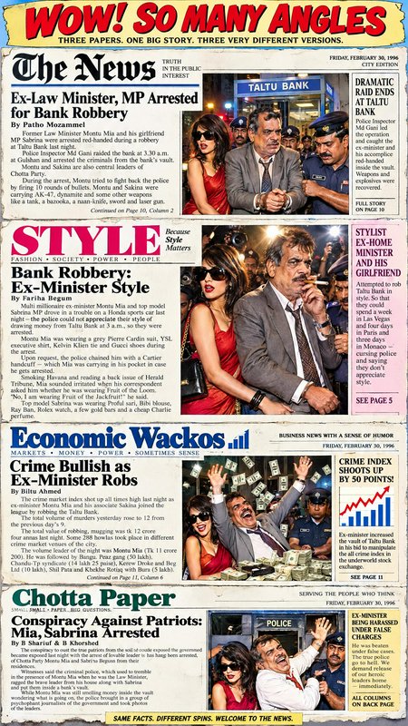 Satirical graphic showing four biased fictional newspaper front pages covering the same ex-minist...