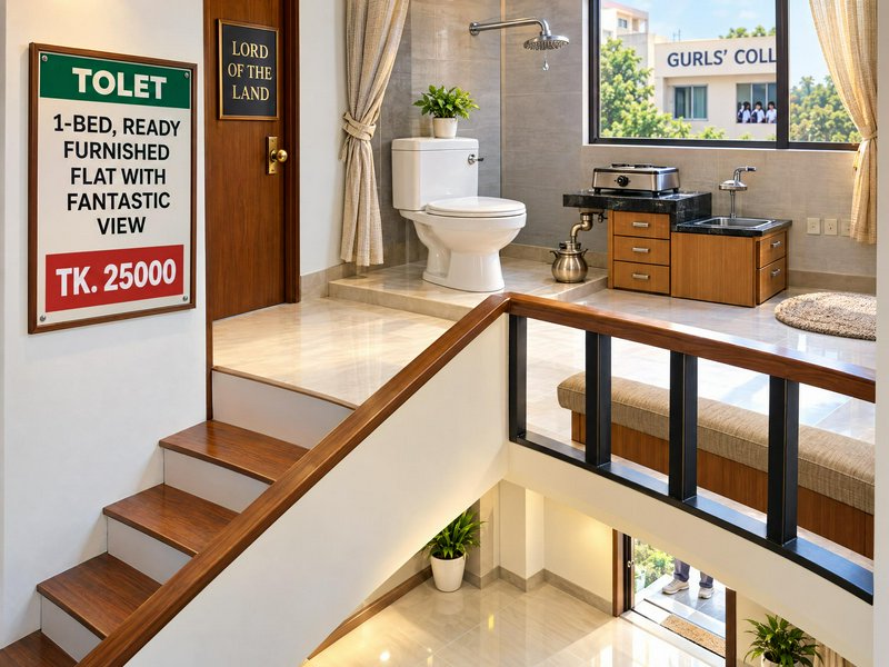 Surreal AI-generated rental apartment with a toilet installed inside an open concept living kitch...