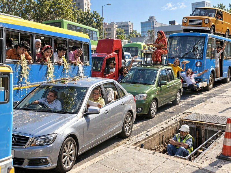 Surreal absurd comedic depiction of a chaotic sunlit city traffic jam with bizarre impossible det...
