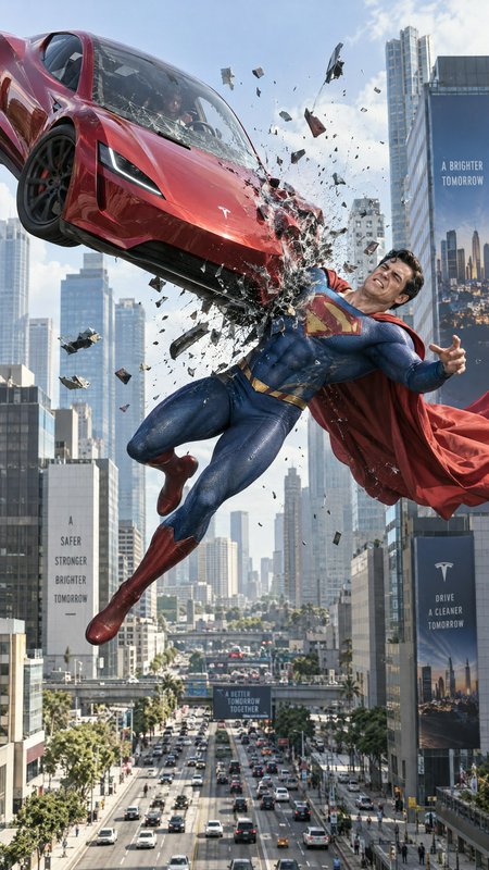 Superman collides mid-flight with a red sports car above a busy downtown metropolis