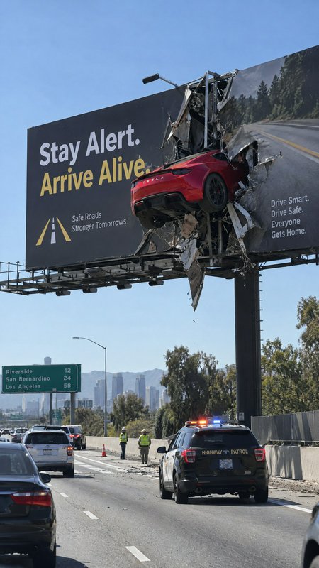 Red Tesla wedged through a shattered road safety billboard above a Southern California highway cr...