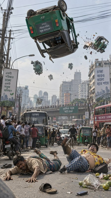 Flying auto rickshaws float above a chaotic crowded Dhaka street with two men fallen on the road
