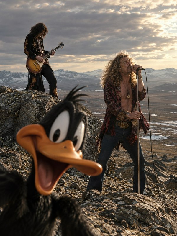 Anthropomorphic Daffy Duck grins in the foreground as a 70s rock band performs on a rocky mountai...