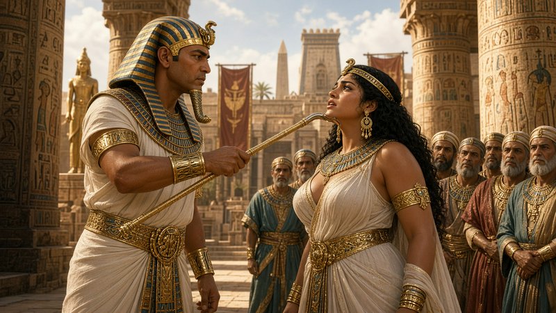 Ancient Egyptian pharaoh holds a ceremonial staff to a queen's chin as courtiers watch in a sunli...