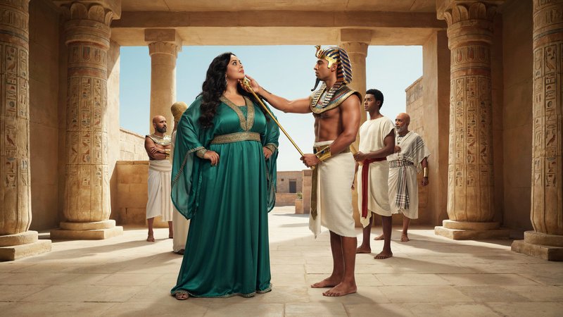 Ancient Egyptian pharaoh gently touching a queen's face inside a sunlit stone temple portico