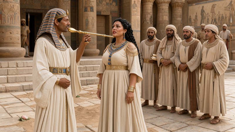 Ancient Egyptian pharaoh holds a golden ceremonial staff toward a queen, with courtiers gathered ...