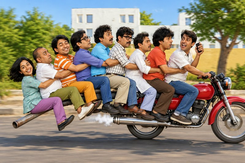 Eight people comically stacked onto a single overloaded red motorcycle riding on a paved road