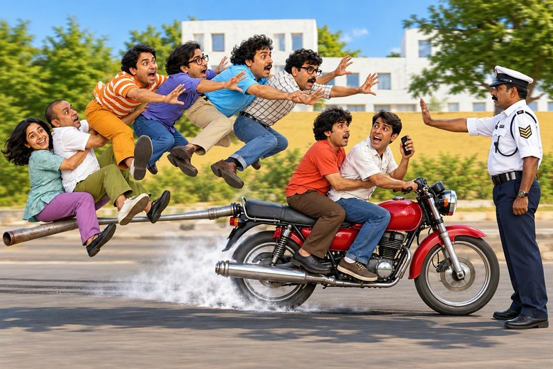 Surreal slapstick scene of overloaded red motorcycle pulled over by traffic cop with panicked fly...