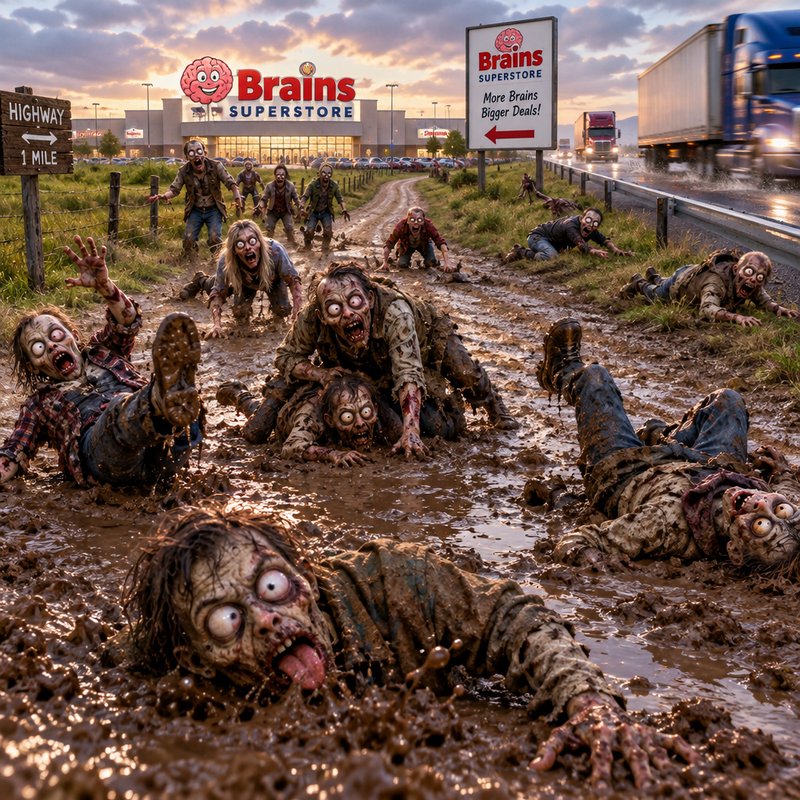 Muddy, wide-eyed zombies crawl and stumble toward a Brains Superstore along a muddy rural road at...