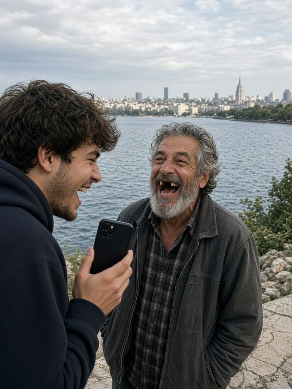 Two men laugh uproariously while viewing a smartphone from a waterfront overlook with a distant c...