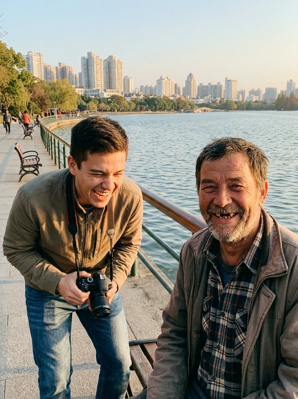Laughing young photographer and older man share a happy moment on a sunlit urban lakeside promenade
