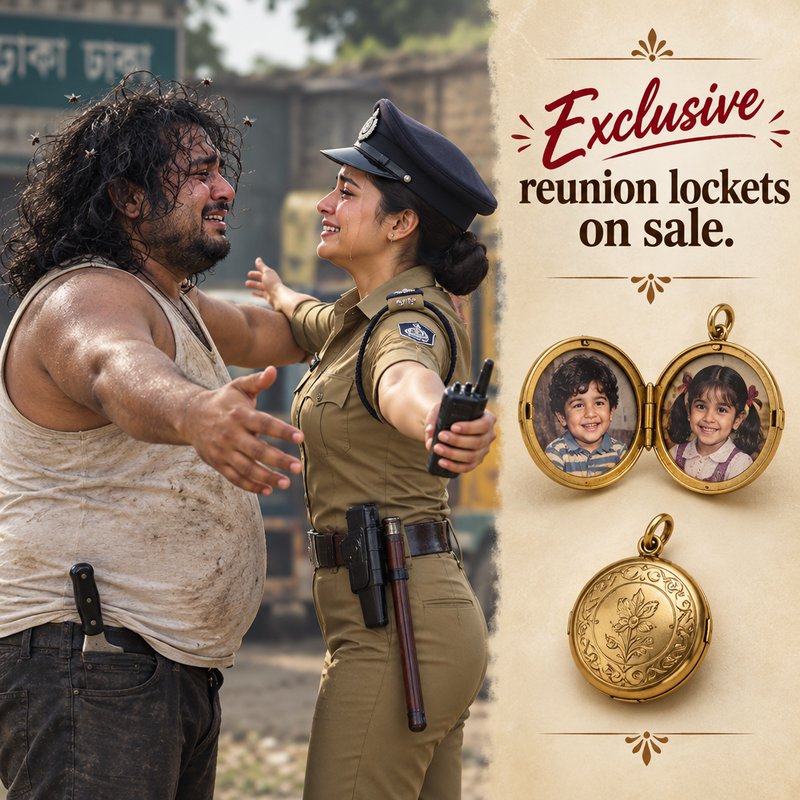 Tearful reunion between a disheveled man and female Indian police officer next to gold locket sal...