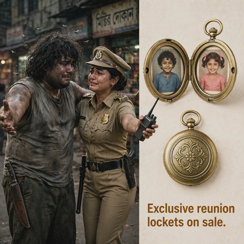 Split promotional graphic showing crying reunited siblings beside a vintage brass reunion locket ...