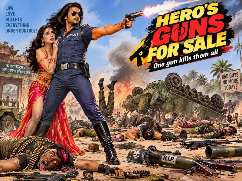 Satirical over-the-top Bollywood action poster shows a muscled police hero firing a pistol while ...