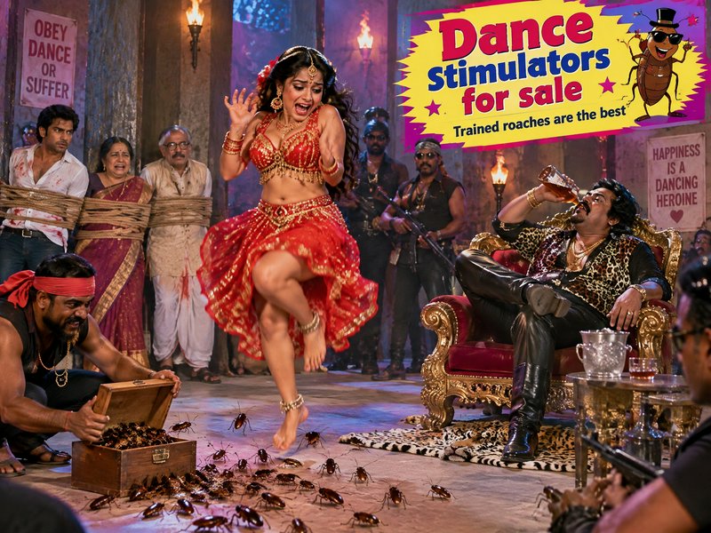 Horrified Bollywood dancer jumps away from swarming cockroaches in a campy villain lair film scene