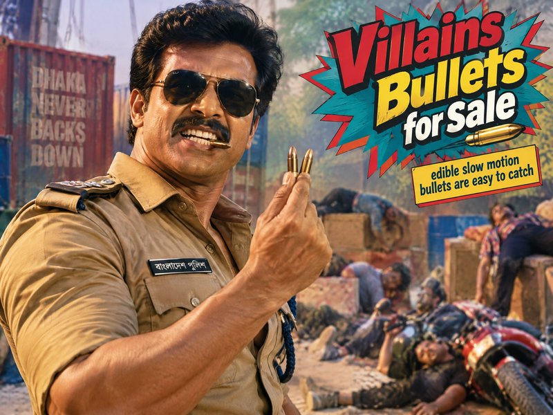 Muscular uniformed police officer holds bullets in a campy action comedy movie poster