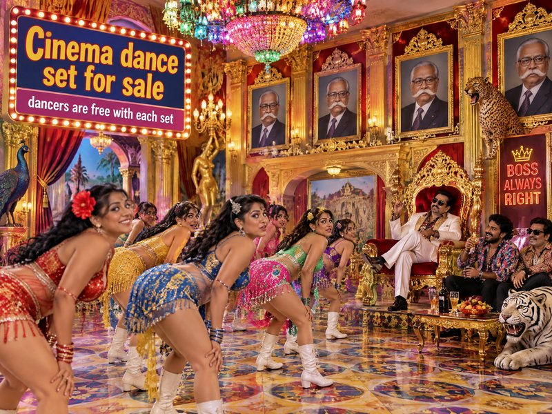 Comedic satirical Bollywood dance set with female performers in an over-the-top gilded palace int...