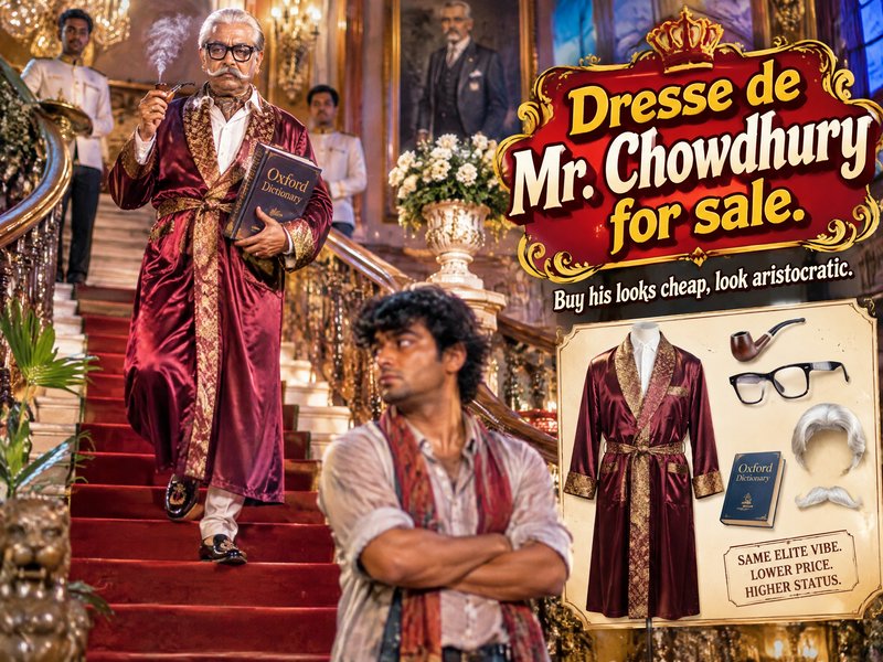 Humorous satirical ad for a Mr. Chowdhury aristocrat costume set in an opulent royal mansion