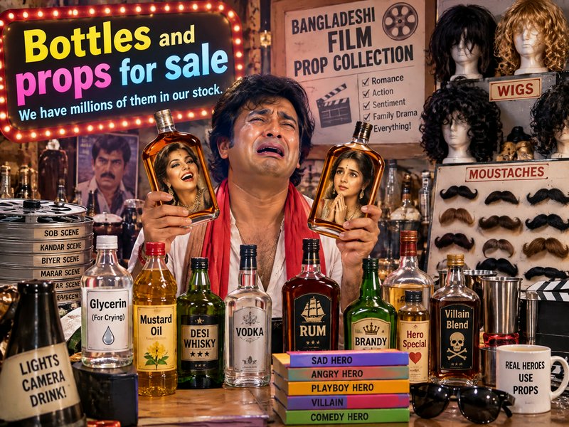 Crying melodramatic actor holds bottle frames at a playful Bangladeshi film prop stall