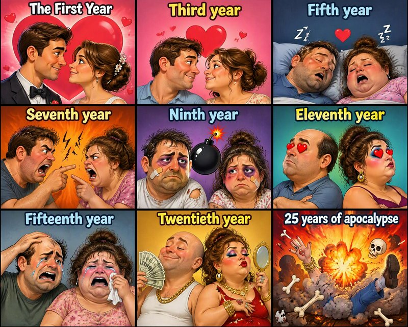 Humorous 9-panel comic tracking a couple's relationship progression across 25 years of marriage