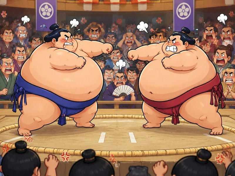 Two fierce cartoon sumo wrestlers square off in a dohyo ring before a heated crowd of match spect...